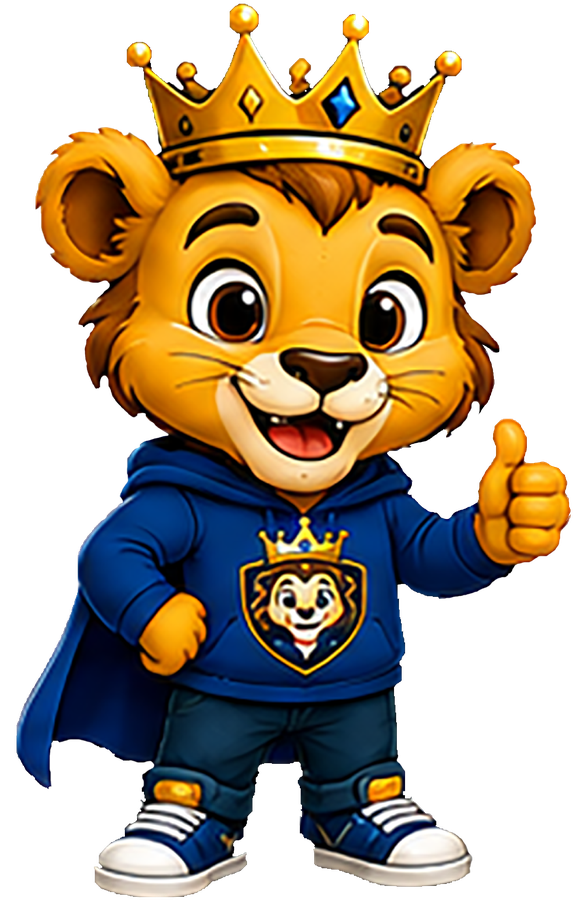 King Cub, the KINGKIDS mascot — a crowned lion cub in a royal blue cape